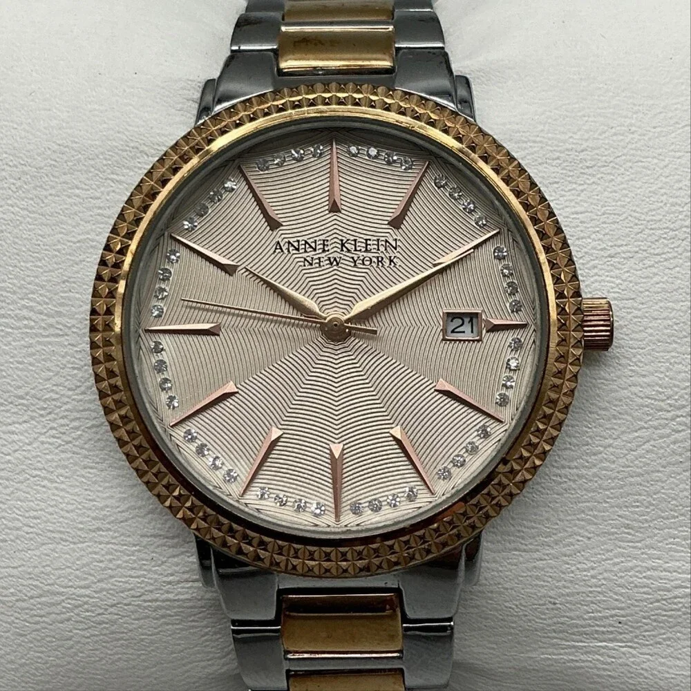 Anne Klein Womens Watch 36mm Gold Silver Two Tone Date 12/2315 New Battery 7.75